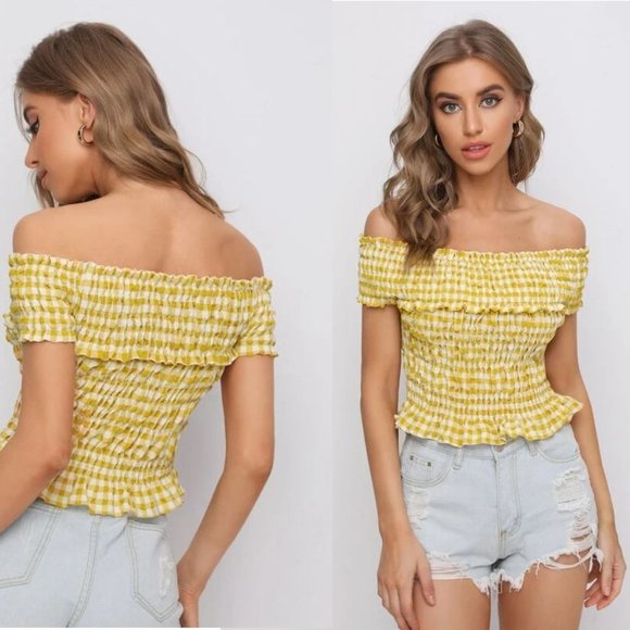 ⭐️Sale New! Off Shoulder Gingham Shirred Top in Yellow - Picture 3 of 3